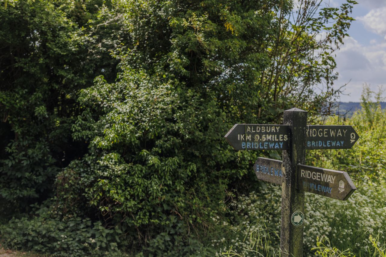 A signpost showing that we're now leaving the Ridgeway and following the path towards Aldbury. The sign for Ridgeway opposite to the Aldbury one leads directly to Tring Station.