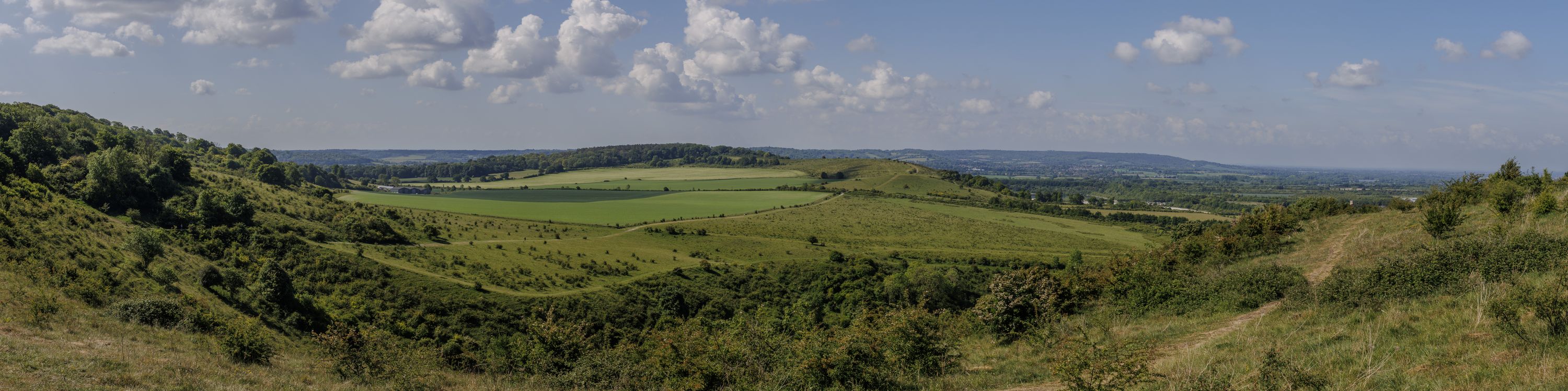 Panorama from Steps Hill looking over Incombe Hole in the foreground. Pitstone Hill can be seen in the background, with the path leading to it to the left.